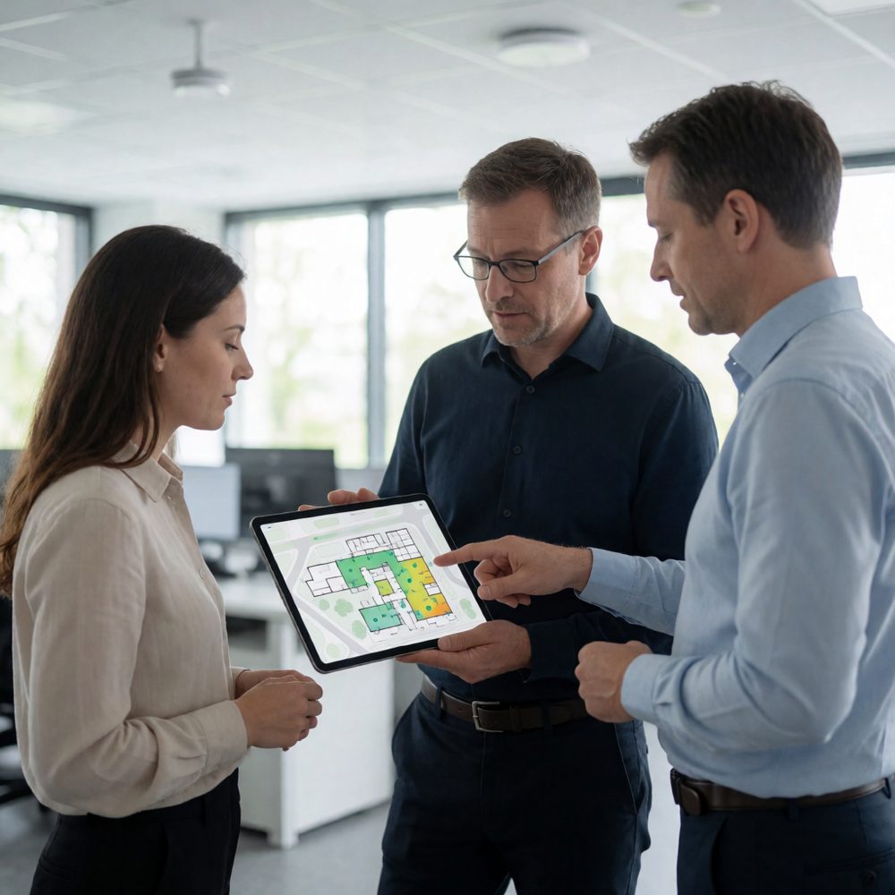netmon24-Team analysiert eine WLAN-Heatmap auf einem Tablet
